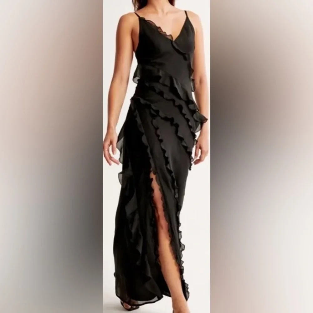 NWT Abercrombie & Fitch Black Ruffle Maxi Dress - Picture 1 of 8